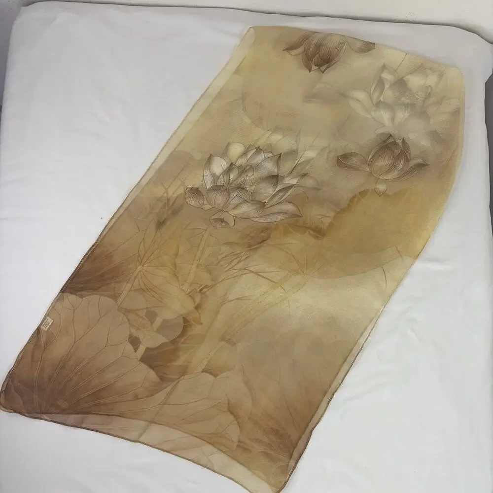 Unbranded Floral Print Tan Cream Colors Rectangular Scarf, 100% Polyester
